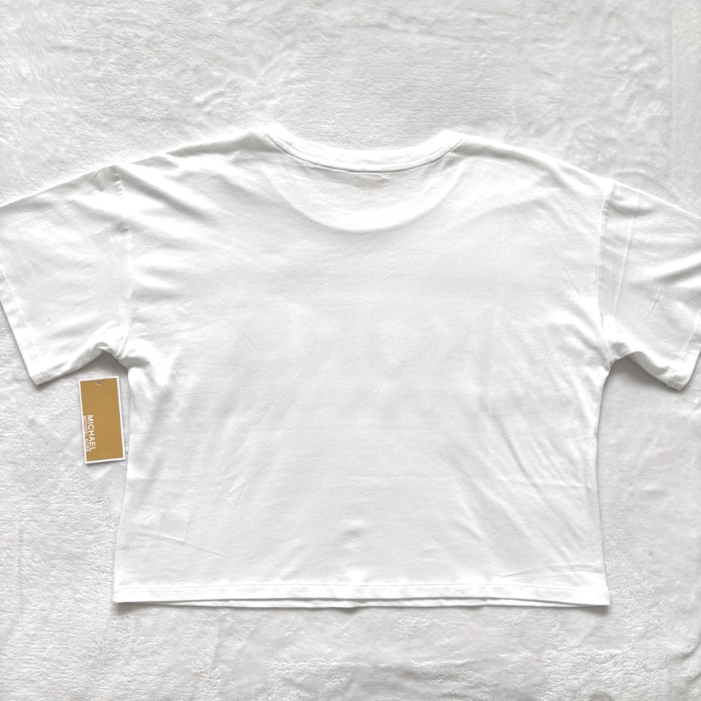 MICHAEL KORS White Gold Foil Cropped Short Sleeve Logo T-Shirt--NWT--S - Picture 10 of 15